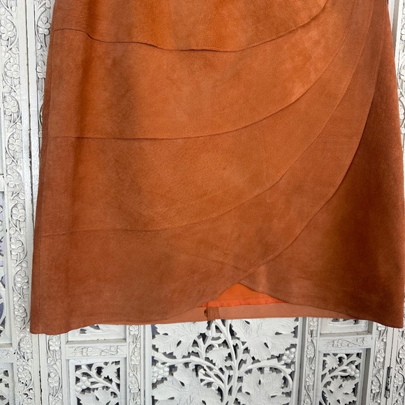 Vintage Retro Orange Tiered Suede Leather Knee Length Wrap Skirt Sz Small - Picture 2 of 9